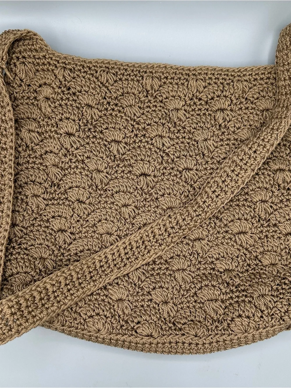 Luxy Crochet Knit Shoulder Bag Beige Boho Textured Hobo Bag Silver Initial Charm